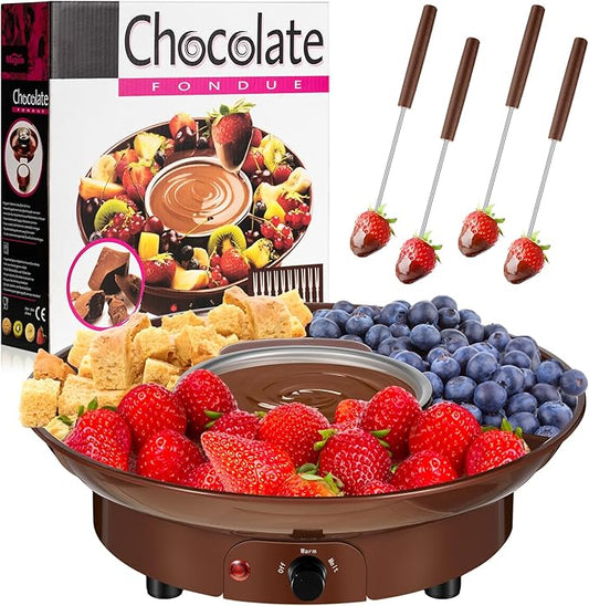 Lallisa Electric Fondue Pot Set, Chocolate Fondue Kit, Electric Fondue Maker, Detachable Serving Trays with 4 Roasting Forks, Gift Set for Date Night House Warming Melting Parties(Brown)