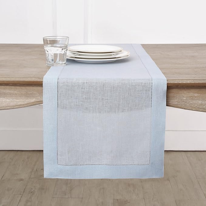 Solino Home Linen Light Blue Table Runner 90 Inches Long - 100% Pure Linen Hemstitch 14 x 90 Inch Table Runner for Dining, Winter, New Year - Classic Hemstitch