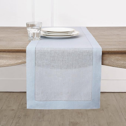 Solino Home Linen Light Blue Table Runner 60 Inches - Classic Hemstitch, 100% Pure Linen Coffee Table Runner 14 x 60 Inch Ideal for Dresser Tables, New Year