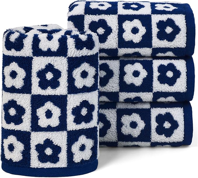 Jacquotha Cotton Hand Towels Navy Checkered Floral - Quick Drying Hand Towel Set of 4 for Kitchen Bathroom Decor, 29” x 13”