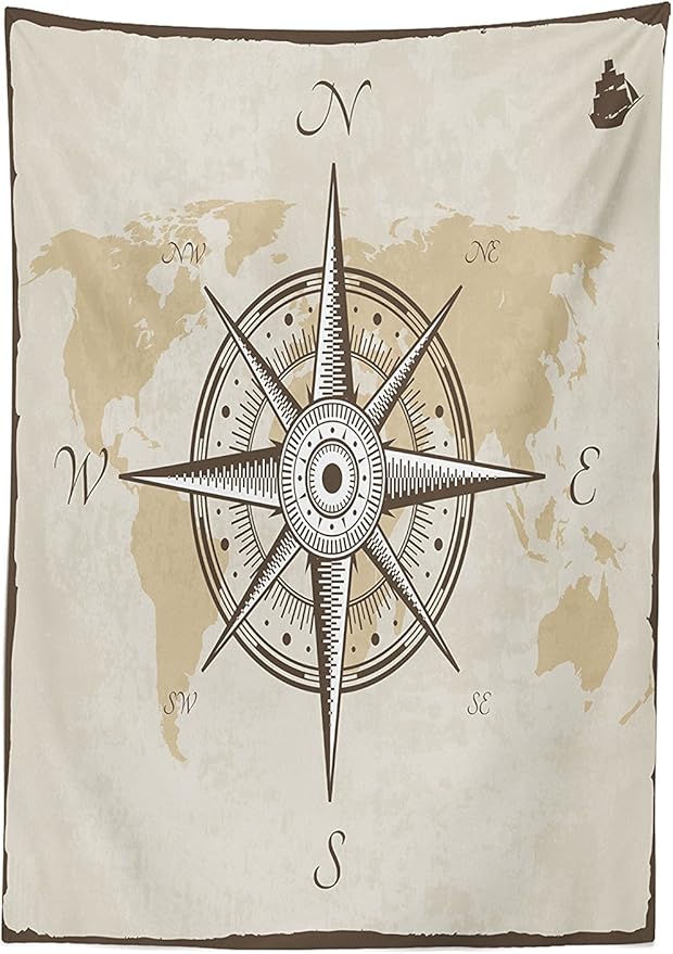 Ambesonne Compass Tablecloth, Nautical Compass on Background Old Map with Torn Border Frame Illustration Print, Rectangular Table Cover for Dining Room Kitchen Decor, 60" X 90", Brown Beige