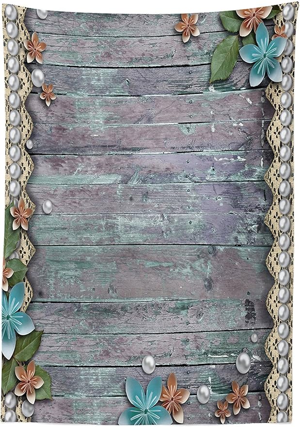 Ambesonne Pearls Tablecloth, Floral Rustic Designed Pearls and Lace Like Design Flowers Wooden Background Print, Rectangular Table Cover for Dining Room Kitchen Decor, 60" X 90", Brown Blue