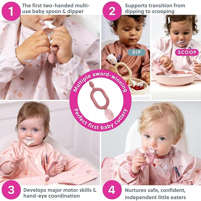 Bibado - Dippit Baby Spoon and Dipper, Blush (2-Pack) - Soft, Chewable Dipper & Deep Spoon - Two-Hand, Sensory Grip - Toddler Utensils - Baby Led Weaning Supplies - Baby Essentials - 6 Months+