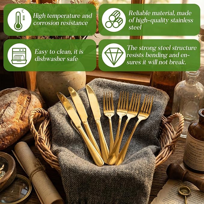 Nuenen 100 Pieces Stainless Steel forks and knives Dinner Flatware Set Tableware Cutlery for Butter Kitchen Restaurant, Dishwasher Safe (Gold,9.06 Inches, 8.07 Inches)