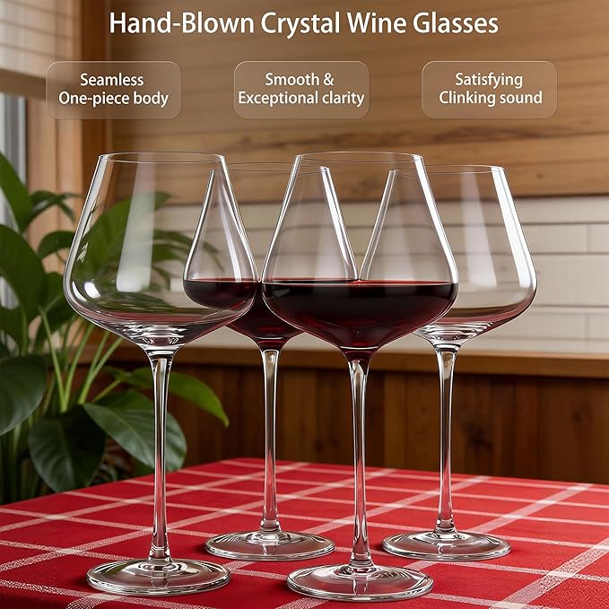 Wine Glasses Set of 4, 18OZ Large Crystal Red Wine Glasses, Hand Blown Vintage Wine Glasses with Thin Rim, Large Bowl, Long Stem, Gifts for Christmas, Housewarming, Birthday