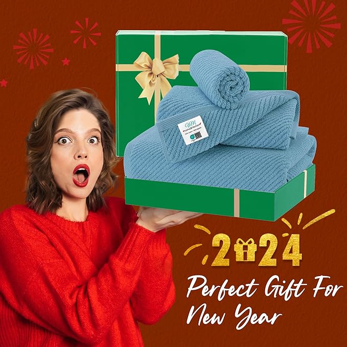 VOOVA & MOVAS Ocean Blue Towels for Bathroom, 100% Cotton | Quick Dry | Soft | Thick,3 Piece Towel Set, 1 Large Bath 30" x 56", 1 Hand 18" x 28", 1 Wash Cloth 13" x 13", Bathroom Essentials