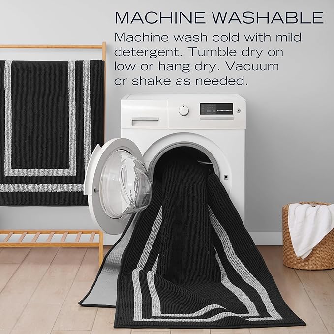 Nautica – Runner Rug | Indoor Runners for Hallways and Entry Rugs| Non-Slip and Non-Skid Entry and Kitchen Door Mat| Machine Washable Entryway Carpet Rugs | 2'2" x 5' | Double Border Black