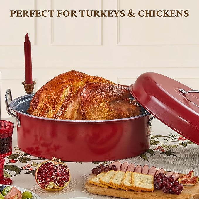 BRONYPRO Large Turkey Roasting Pan with Lid & Rack, 18-Inch Durable Granite Non-Stick Roaster, 20 lb Capacity for Roasting Turkey, Chicken, or Vegetables, Red