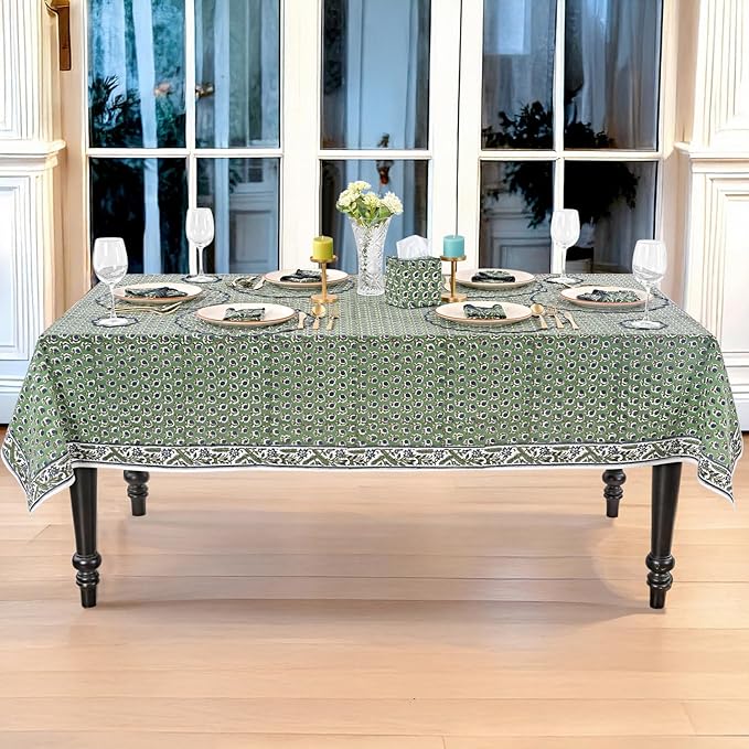 Ridhi Basil Green Hand Block Print Cotton Rectangle Tablecloth 190" x 72" inches Reusable Table Cover Decorative Everyday Use for Dining, Farmhouse, Home, Party, Festive, Wedding, Fall