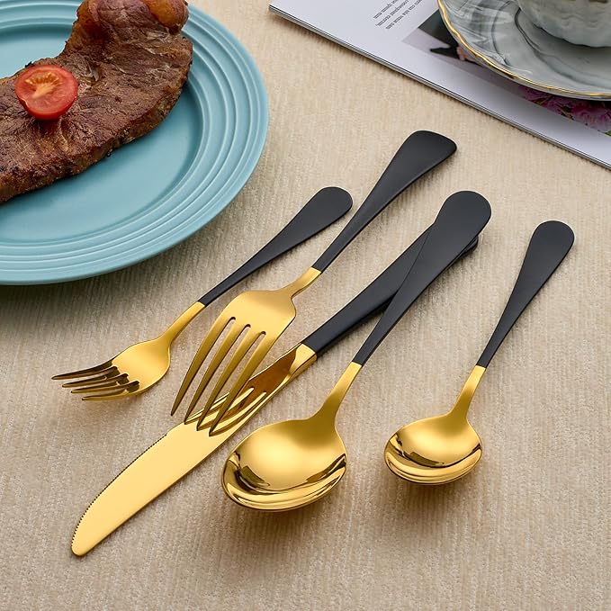 20-Piece Black and Gold Silverware Set 18/0 Stainless Steel Silverware Set Black Handle Cutlery Set Service for 4 Dinner Knives Forks Spoons Set Flatware Set Finish Dishwasher Safe