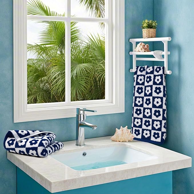 Jacquotha Cotton Hand Towels Navy Checkered Floral - Quick Drying Hand Towel Set of 4 for Kitchen Bathroom Decor, 29” x 13”