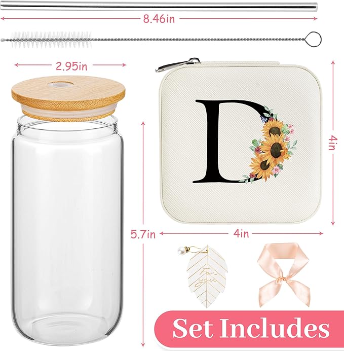 AYGXU Graduation gifts for girls,high school graduation gifts for her,Small Jewelry Travel Case,16oz glass cups with lids and straws,Graduation Travel Essentials,Initial D white