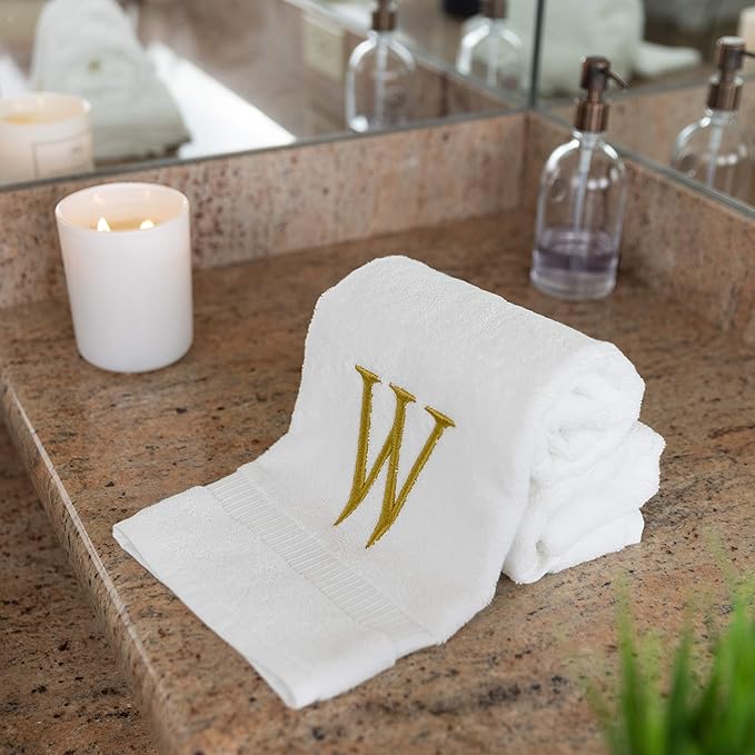 Monogrammed Hand Towels for Bathroom - Luxury Hotel Quality Personalized Initial Decorative Embroidered Bath Towel for Powder Room, Spa - GOTS Organic Certified - Set of 2 Gold Letter W