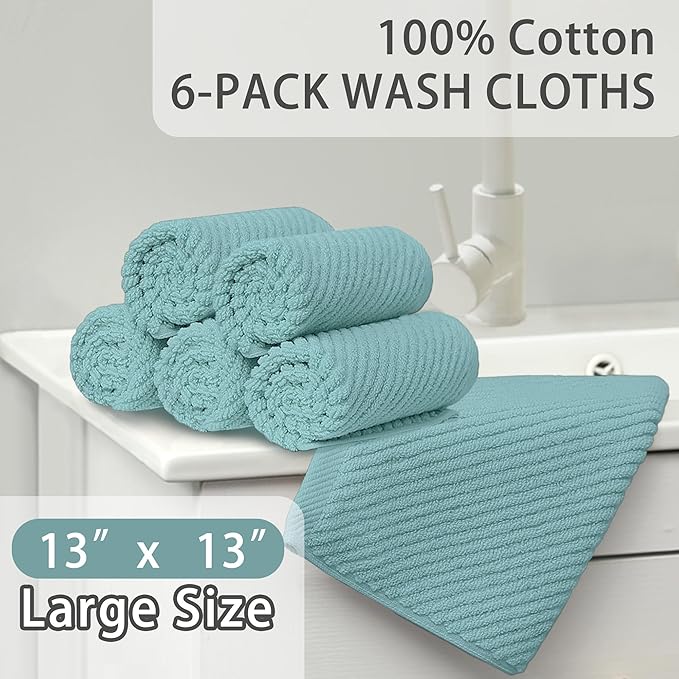 Wash Cloths for Your Face, 6 Pack Large 13"x13" - 100% Cotton | Lightweight | Thick | Quick Dry | Soft | Absorbent, Luxury Facial Towels, Hand Towels for Shower, Bathroom Essentials, Aqua Teal