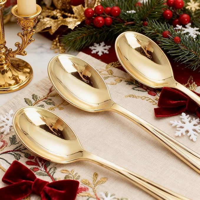WDF 100 Pack Gold Plastic Spoons Disposable - Durable Heavy Duty 6.9 Inch Gold Spoons, Heat Resistant Modern Disposable Spoons Perfect for Christmas Parties, Wedding, Banquets