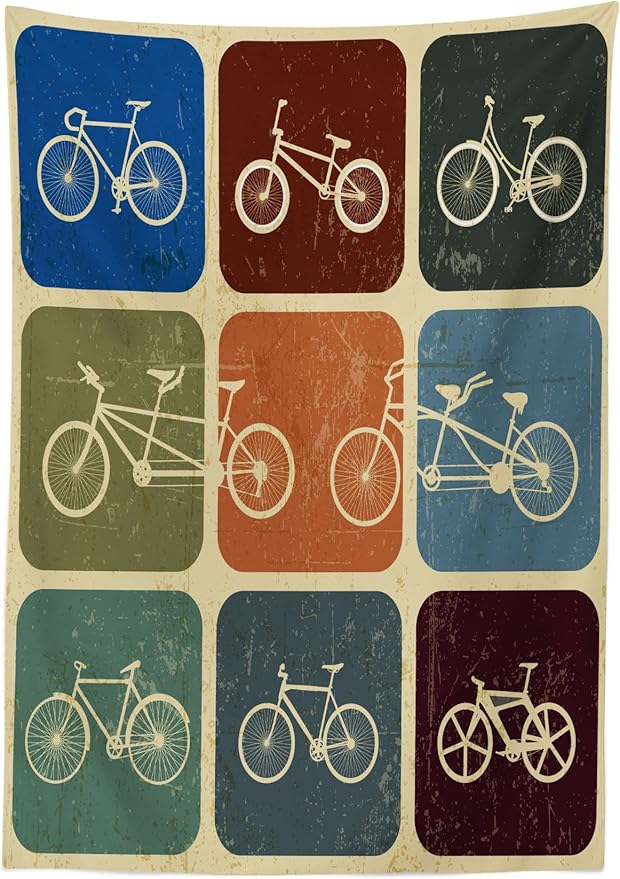 Ambesonne Vintage Tablecloth, Retro Image Collage of Bicycle Bikes in a Row with Abstract Pattern Colored Art, Rectangular Table Cover for Dining Room Kitchen Decor, 60" X 90", Soft Beige