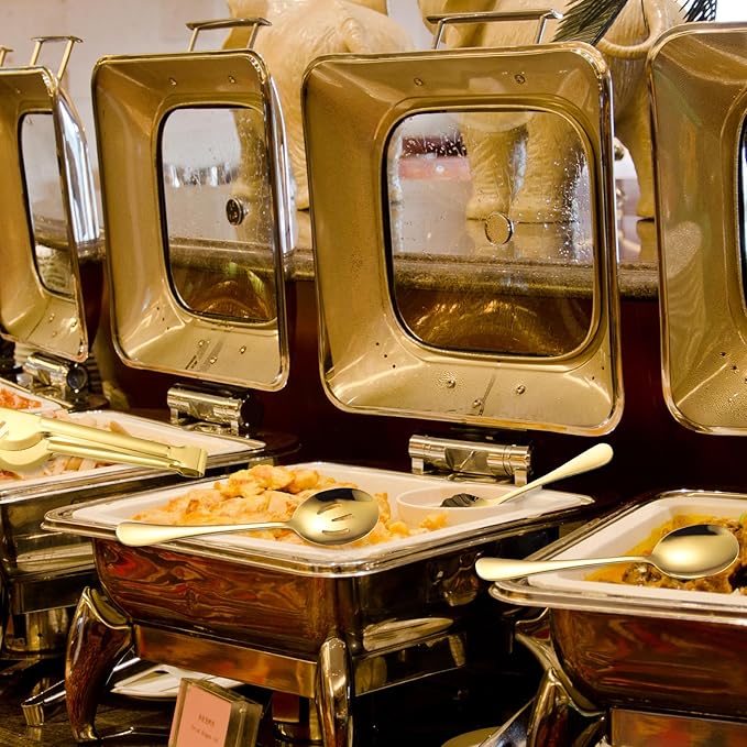 A· HOUSEWARE Gold Kitchen Utensils Serving Set 10 Piece Catering Silverware Stainless Steel Flatware for Buffet Party include Tong Serving Spatula Skimmer Ladles Big Fork Cheese Knife Dessert Spoon