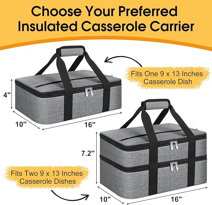 Double Insulated Casserole Carrier, Portable Casserole Carrier for Hot or Cold Food Lunch Tote Warmer or Cooler Bag, Lasagna Lunch Bag for Potluck Parties- Fits 9" x 13" Baking Dish-Grey