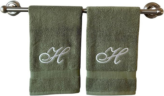 Sage Monogrammed Hand Towels for Bathroom - Luxury Hotel Quality Personalized Initial Embroidered Towel for Powder Room, Spa - GOTS Organic Certified - Set of 2 White Letter H