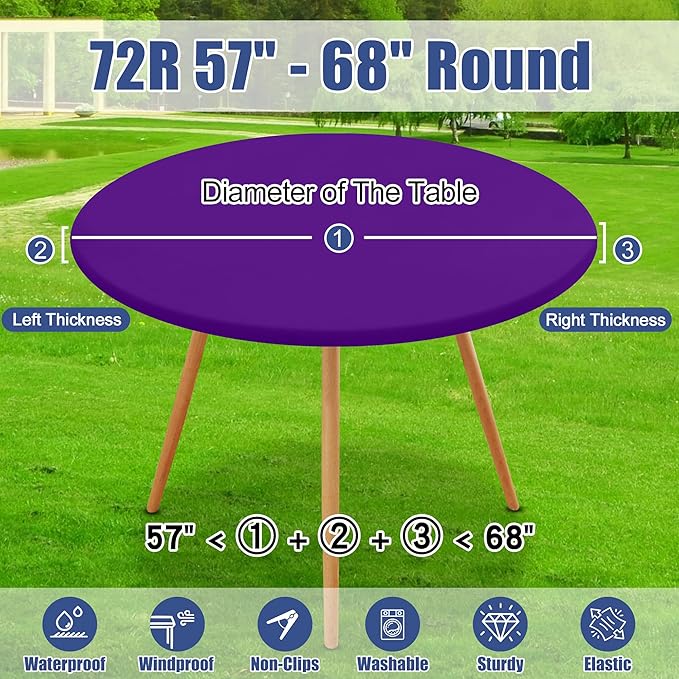 Round Spandex Tablecloth, Elastic Fitted Waterproof Tablecloths for 57"-68" Tables, Stretch Washable Picnic Table Cover for Camping, Dining, Indoor and Outdoor, Purple