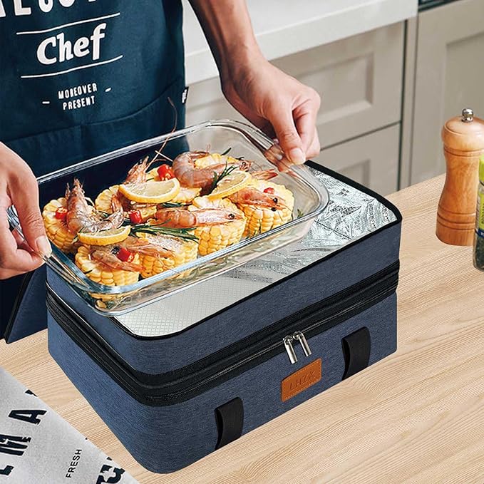 LHZK Double Insulated Casserole Carrier for Hot or Cold Food, Lasagna Holder Tote for Potluck Parties, Beach, Picnic, Travel, Fits 11x15 or 9x13 Dish (Blue)