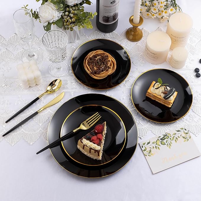 150 PCS Black Gold Plastic Utensils for 50 Guests, Gold Disposable Silverware with 50 Knives, 50 Spoons and 50 Forks, BPA Free, Ideal for Weddings, Birthdays & Graduation