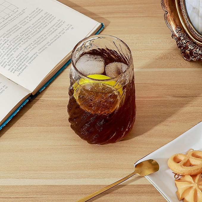 Koythin 2-Piece Ribbed Glass Cups, Vintage Drinking Glassware for Iced Coffee Juice Cocktails Milk Tea Beer, 14 oz/400 ml Cute Cute Bubble Cup with Spiral Tree Texture (Irregular Twill)