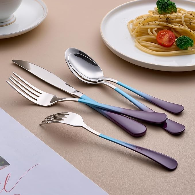 20-Piece Blue and Purple Silverware Set for 4, 18/0 Stainless Steel Flatware Cutlery Utensils Set, Includes Dinner Knives, Forks, Spoons, Salad Forks, Teaspoons, Dishwasher Safe