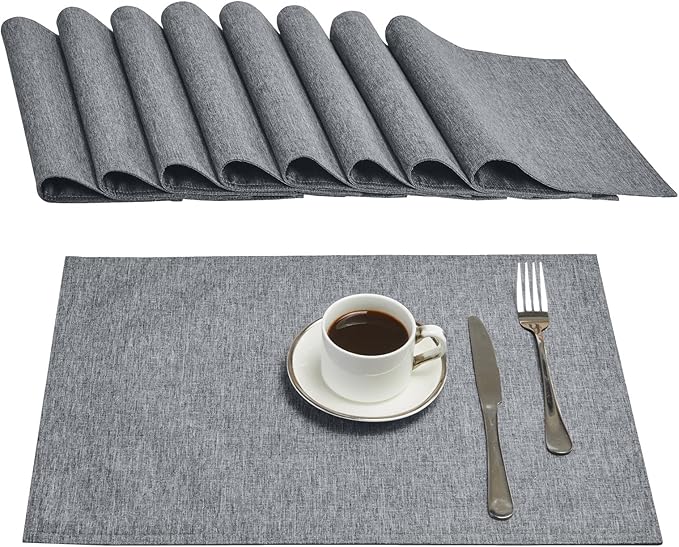 Cloth Place Mats Set of 8–Reusable Rectangular Waterproof Fabric Polyester Washable Wipeable Heat Resistant Linen for Kitchen Dining Dinner Restaurant Wedding Table(Gray/13x19 Inch)