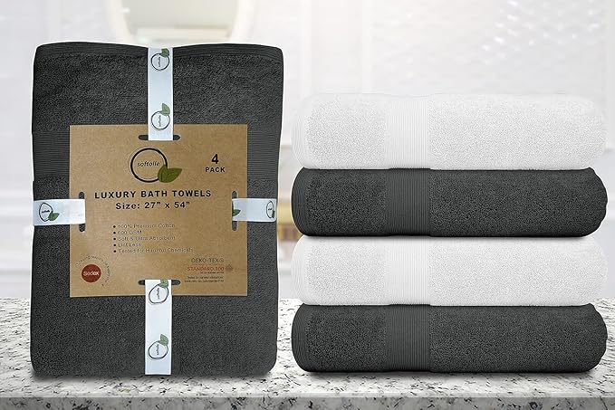 Softolle Luxury Bath Towels Set of 4 (27” x 54”) | Towels for Bathroom | Super Soft | Highly Absorbent Towels for Home, Spa, Gym (Grey-White)