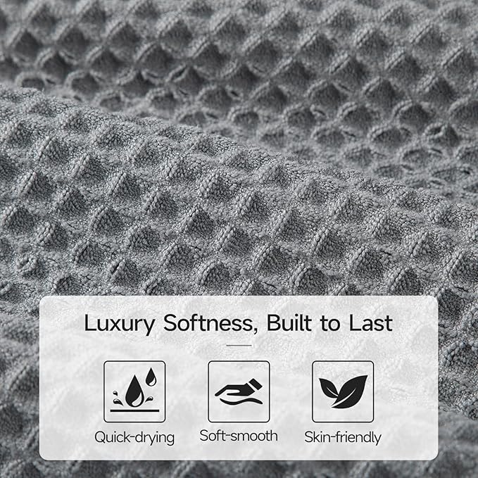 REDKISS 8 Pack Microfiber Waffle Bath Towels - Gray Waffle Towels for Bathroom, Extra Large, Highly Absorbent, Quick Dry Bath Towel Set, Lint Free Bathroom Towel for Gym, Shower, Hotel and Spa