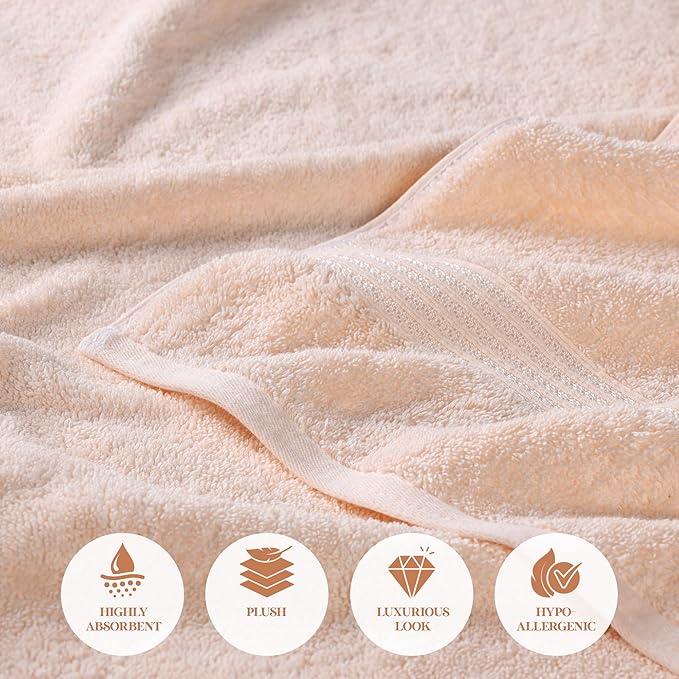 Superior Egyptian Cotton Bath Towel Set, Home Bathroom Towels, Master, Guest Bath, Decor Essentials, Quick Dry, Absorbent, Large Body Towels, Spa, Hotel, Resort, Adult, Kids, Set of 2, Peach