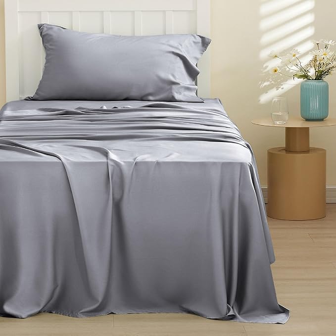 Bedsure Cooling Sheets Twin XL, Rayon Derived from Bamboo, Breathable & Soft Twin XL Sheet Sets, Deep Pocket Up to 16 Inches, Hotel Luxury Silky Dorm Bedding for Hot Sleepers, Silver Grey