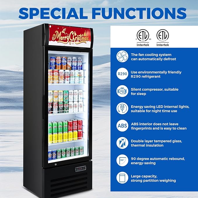 Commercial Refrigerators 9 Cu.Ft Upright Merchandiser Drink Cooler – Glass Door Beverage Fridge with LED Light, Adjustable Shelves, Lock Wheels – Display Refrigerator for Beer, Bar, Shop