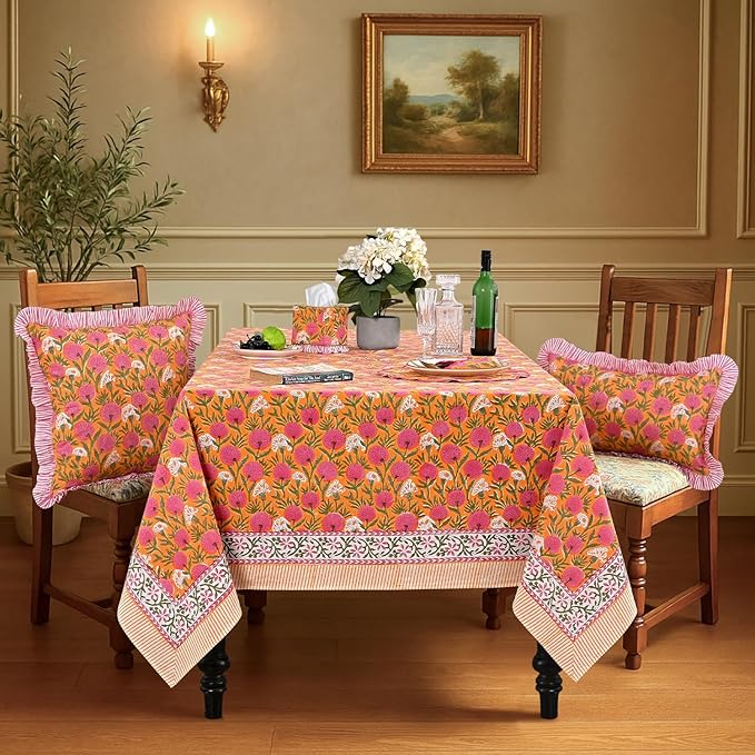Ridhi -Bubblegum Pink Cotton Tablecloth, Handblock Print Floral Table Cloth for Kitchen Dining Linen I Thanksgiving, Christmas, Wedding, Fall Décor 4 Seater 60x60 Inches Square