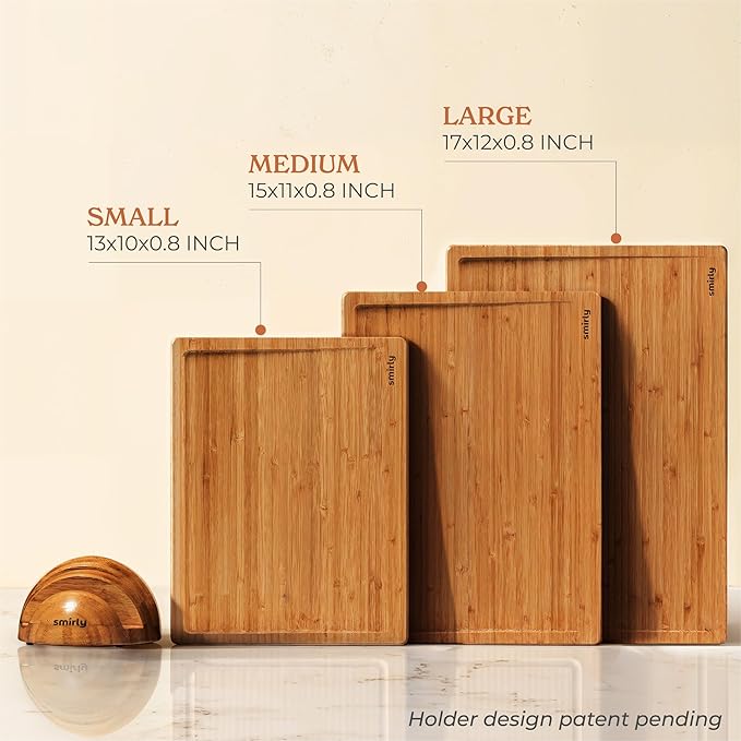 SMIRLY Wood Cutting Boards for Kitchen Wooden Chopping Board Set Reversible with Deep Juice Grooves Grip Handles, Large Charcuterie Tray, New Apartment Essentials, Carbonized Bamboo, 3Pcs with Holder