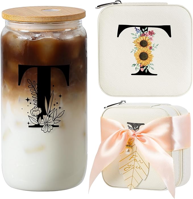 AYGXU Graduation Gifts for Her,Initial Glass Cup with Bamboo Lid Straw, Trendy Travel Jewelry Case, Monogrammed Gifts for Women, Personalized Mothers Day, Birthday Gifts for Her Mom.Initial T white
