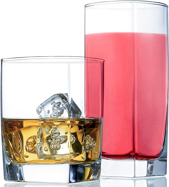 Everyday Drinking Glasses Set of 8 Drinkware Kitchen Glasses for Cocktail, Iced Coffee, Beer, Ice Tea, Wine, Whiskey, Water, 4 Tall Highball Glass Cups & 4 Short Old Fashioned.