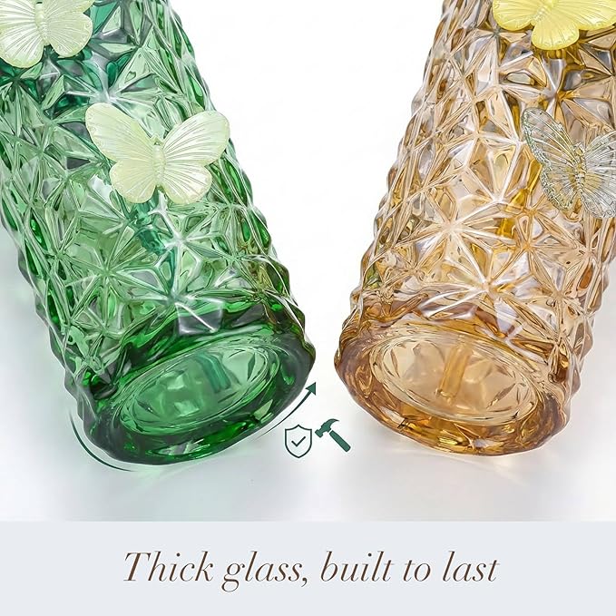 2 Pcs Glass Cups with Lids and Straws, 10oz Glass Tumblers, Butterfly Cups, Green Drinking Glasses, Amber Glassware