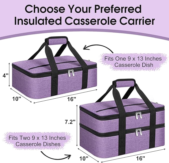 Double Insulated Casserole Carrier, Portable Casserole Carrier for Hot or Cold Food Lunch Tote Warmer or Cooler Bag, Lasagna Lunch Bag for Potluck Parties- Fits 9" x 13" Baking Dish-Purple