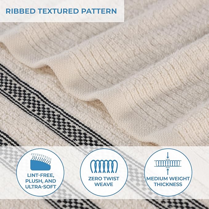 Superior Cotton 12-Piece Towel Set, Zero Twist, Ribbed Geometric, Bathroom Essentials, Shower, Spa, Luxury Plush Soft Absorbent Towels, Includes 4 Bath, 4 Hand, 4 Washcloth/Face Towels, Ivory