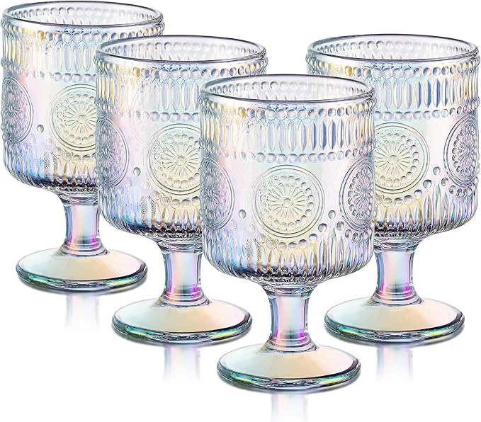 Joeyan Vintage Iridescent Wine Glasses,Embossed Water Goblet Glasses with Sunflower Patterns,Rainbow Beaded Decorative Stemmed Glass Tumbler Cups,Glassware for Party Wedding Anniversary,7 oz,4 pcs