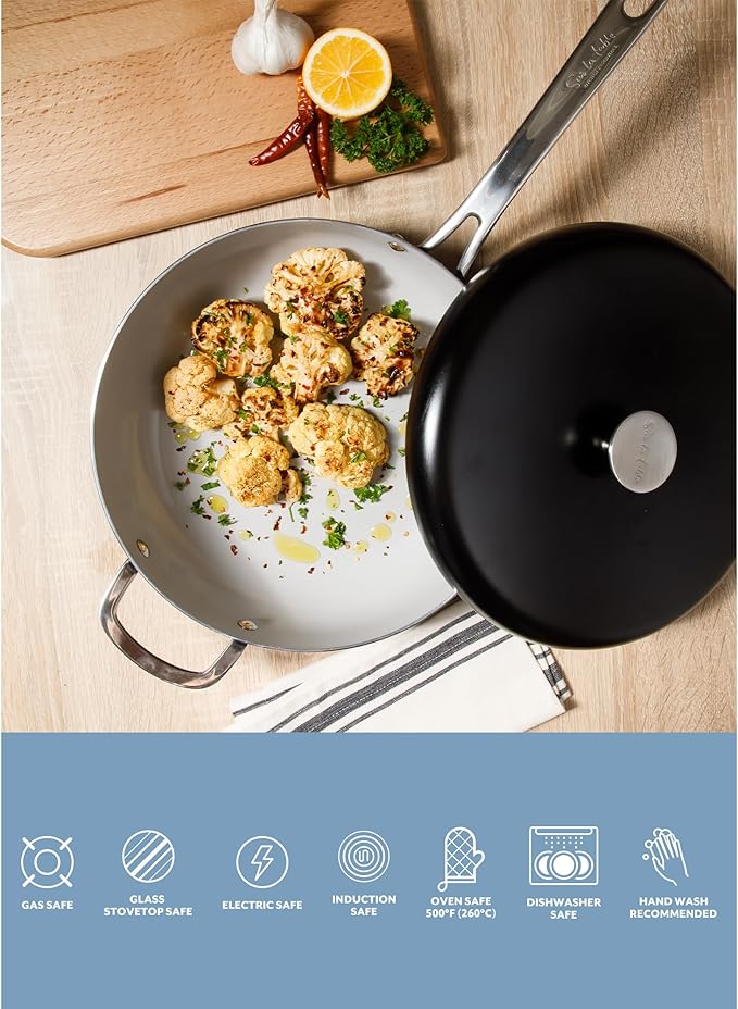 Sur La Table Kitchen Essentials Potluck Porch 4.5 Quart Sauté Pan, Deep Frying Pan Skillet w/Lid Aluminum PFA Free Ceramic Cookware Chef's Pan, Omelet Pan - Induction - Black
