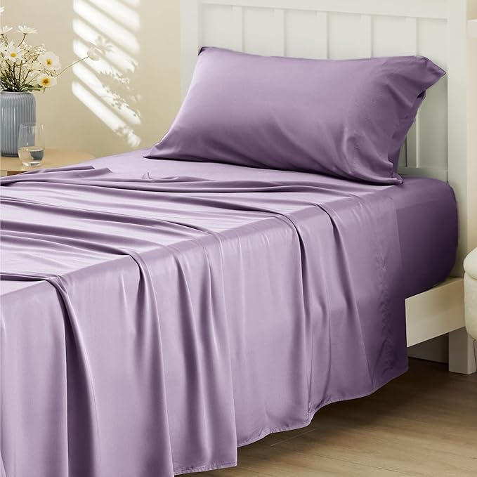 Bedsure Cooling Sheets Twin, Rayon Derived from Bamboo, Breathable & Soft Twin Sheets Set, Deep Pocket Up to 16 Inches, Hotel Luxury Silky Bedding for Hot Sleepers, Lilac