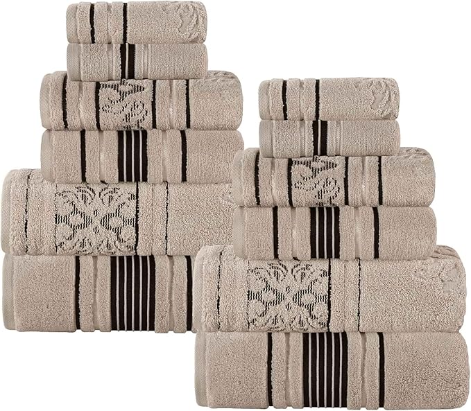 Superior Cotton 12 Piece Assorted Floral Towel Set, Includes 4 Bath, 4 Hand, 4 Washcloth/Face Towels, Quick Dry, Home Essentials, Shower, Spa, Luxury Plush Soft Absorbent Towels, Zero Twist, Stone