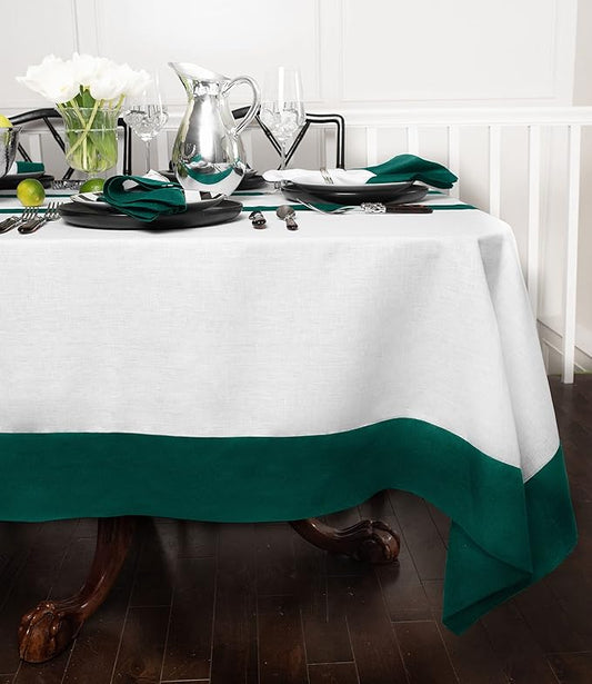 Solino Home Linen Tablecloth for Rectangle Tables 60 x 90 Inch - 100% Pure Linen Rainforest and White Table Cloth - Contempo, Machine Washable Cloth Tablecloth for Winter, New Year