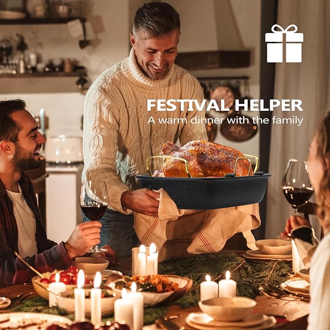 Turkey Roasting Pan, 17x13 Inch Nonstick Roaster with Removable Rack, Turkey Baster, Meat Thermometer, Turkey Brine Bags, Roaster Pan for Roasting Turkey, Meat & Vegetables (Black&Gold)