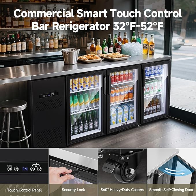 BODEGA BODEGACOOLER Commercial Bar Cooler with 3 Glass Doors, 20.5 Cu.Ft Back Bar Beverage Refrigerator for Beer Soda Wine,LED Lighting With Stainless Steel Top,Casters Kitchen Buffet Table Use