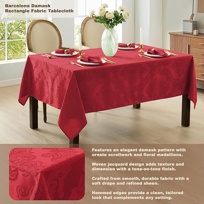 Newbridge Christmas Barcelona Damask Fabric Tablecloth, 60 x 120 Inch Rectangle, Red – No Iron, Soil Resistant Table Cover for Dining, Parties and Holidays