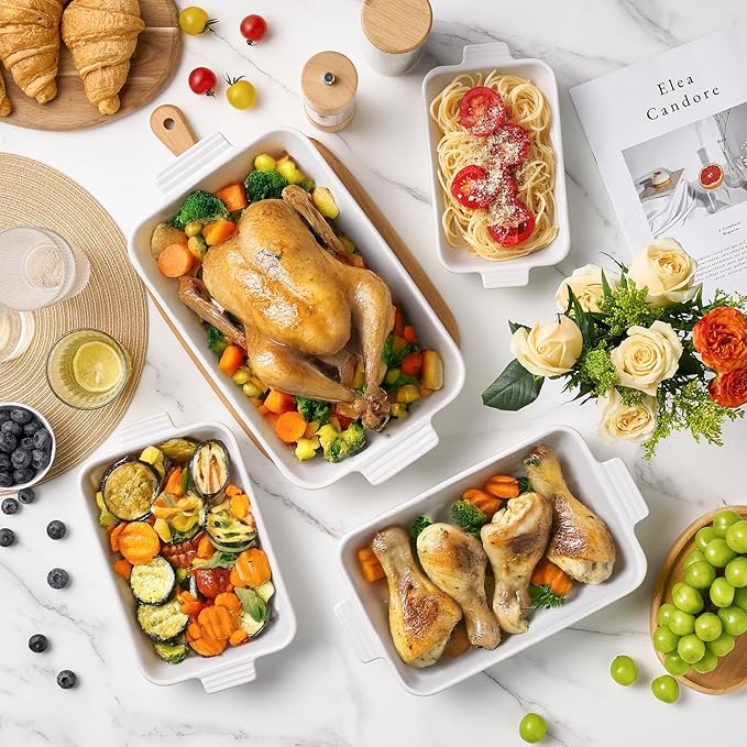 Jassceram Casserole Dishes for Oven, 4-Piece Porcelain Baking Dish, Rectangular Ceramic Bakeware Sets with Handles, Deep Lasagna Pan for Baking, 9.6" to 15.2", Nesting Design, Oven Safe, White